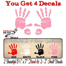 2 Handprint 7" Pink Solid Color Decals with 2 Matching Color 2" Skull Decals Vehicle Hand Print Zen Mystic Vinyl Decal Stickers (2 Pink Hand & 2 Skulls)