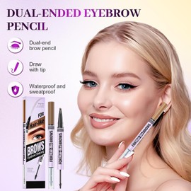 Lápiz de Cejas Microblading 2 en 1 Versión Mejorada 2026, Punta Microhorquilla Cuádruple 3D, Impermeable con Cepillo, Trazo Preciso Acabado Natural, Pack de 2 Unidades (Marrón oscuro)