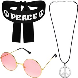 Hippie Costume Set for Women Men, Includes Sunglasses, Peace Sign Necklace and Peace Sign Headband for 60s 70s Party Accessories Peace Set