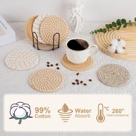 pijiuoi Drink Coaster, 8 Pack, Multi-Color 2, Cotton and Linen, Round, Absorbent, Dishwasher Safe