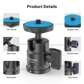 Kaitezenz Mini Ball Head, Panoramic Camera Tripod Head with 1/4" Screw and Dual Hot Shoe Mount, 360 Rotatable Metal Adapter for DSLR Camera Tripods Monopods Camcorder Light Microphone, Max Load 5.5lbs