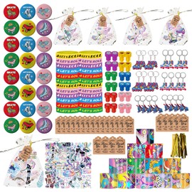 emzrivo 292 PCS Roller Skate Party Favors Skating Party Supplies with Drinking Straws Cups Slap Bracelets Keychains Gift Tags Stamps Stickers Twist Ties for Hip Hop Disco 80s 90s Party Decorations