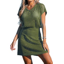 CUPSHE Women's Swimwear Cover Up Crochet Mini Dress Button V Neck Short Sleeve Beach Coverups Summer Sand,S