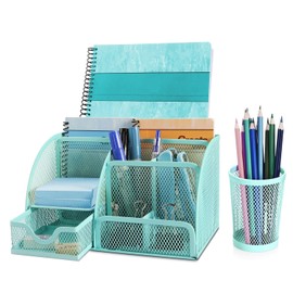Flexzion Desk Caddy Organizer Green Metal Mesh Office Desk Supplies Organizer Caddy Desk Accessories Set for Women Men Students, 6 Compartments with Drawer and Pen Holder Desk Organizer for Work