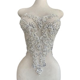 Handmade Silver Glass Rhinestones Bodice lace Applique Hand Sewing Beaded Sequins Trim Patches for Dress Clothes Skirts Multiple Design Styles Accessories (A)