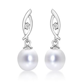 Diamond Treats Genuine Pearl Drop Earrings with Lustrous Freshwater Pearls & Cubic Zirconia set in 925 Sterling Silver. These Dangling Pearl Drop Earrings are a Lovely Gift for Her