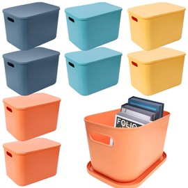 YEXEXINM 8 Pack Colorful Plastic Storage Bins with Lid and Handle，Stackable Storage Box Basket Containers，Desktop Storage Box Cubby Bins for Shelf Cabinet Kitchen Bathroom Office，10 x 7 x 6.1Inch