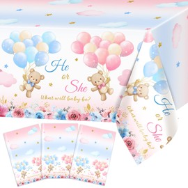 Avezano 3 Pcs Bear Gender Reveal Tablecloth Blue and Pink We Can Bearly Wait Table Cloths He or She Gender Reveal Decorations 108 x 54 Inch