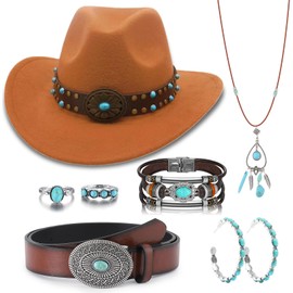 Saier tbo 7-Piece Cowboy Hat Accessory Set for Women, Western Cowgirl Costume Kit with Cowboy Hats, Belt, Boho Necklace, Earrings, Rings, Bracelets for Carnival, Cosplay, Theme Party