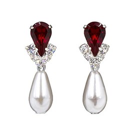 #5538RUBYS - Rhinestone Pear V Pearl Drop Earrings - Ruby Silver Plated