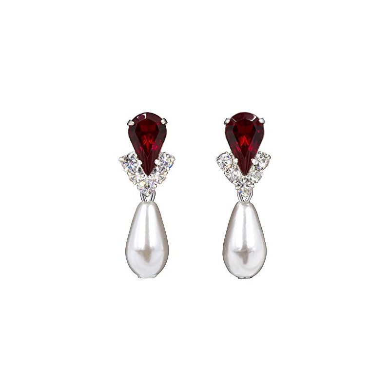 #5538RUBYS - Rhinestone Pear V Pearl Drop Earrings - Ruby