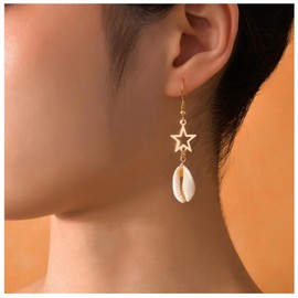 Allereya Vintage Cowrie Drop Earrings Puka Shell Dangle Earrings Gold Star Dangling Earrings Hollow Star Earrings Jewelry for Women and Girls