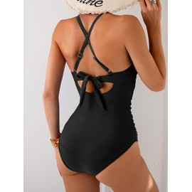 B2prity Women's One Piece Swimsuits Tummy Control Front Cross Bathing Suits Tie Back Slimming V Neck Swimwear(Black)