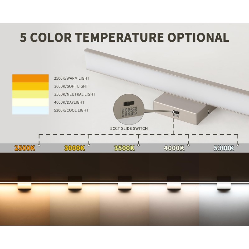 JUSHENG Brushed Nickel Vanity Lights for Bathroom Light Fixtures 5CCT