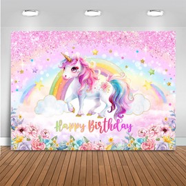 Mocsicka Unicorn Birthday Backdrop Rainbow Unicorn Theme for Girls Happy Birthday Party Decorations Pastel Glitter Floral Unicorn Birthday Banner Supplies Photo Booth Props (Rainbow, 7x5ft(82"x60"))