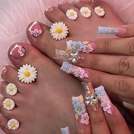 48Pcs Flower Press on Nails and Toes Matching Set Long Square Fake Nails 3D Butterfly Rhinsstone Design Stick on Nails White French fake Toe Nails Summer Acrylic Glue on Toenails for Women Manicure