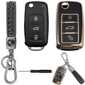 Key Shell 3 Buttons with Car Key Case Compatible with VW Golf Polo Tiguan Touran Caddy Sharan Beetle Skoda Octavia Car Key Housing VW Flip Key Replacement Parts Remote Control