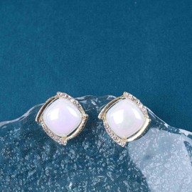 Cimenexe Bohemian Crystal Moonstone Stud Earrings Gold CZ Square Earrings Geometric Moonstone Opal Earrings Square Opalite Gemstone Earrings Jewellery for Women and Girls