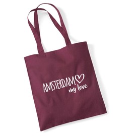 Huuraa Jute Bag Amsterdam My Love Bag Cotton 10 Litres Size for All Fans of Amsterdam Netherlands Gift Idea for Friends and Family, burgundy