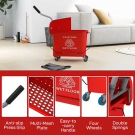 ZJMTOCYU Efficient Bucket with Wringer on Wheels for Floor Cleaning, 21 Quart, Separate Water System, Red