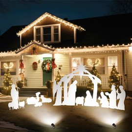 Shellwei 16pcs Large Christmas Outdoor Nativity Scene Set with Lumen Light White Weatherproof Holy Family Outdoor Decorations Nativity Set Lawn Signs for Christmas Holiday Yard Home Decorations