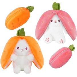 BCQTD 2PCS Rabbit Plush Toy, Reversible Strawberry/Carrot Bunny Plush Pillow with Zipper, Rabbit Muppet Toys Cute Plushie Toy for Girls Boys Easter Children's Day and Birthday Gifts Ideal Fluffy Gift