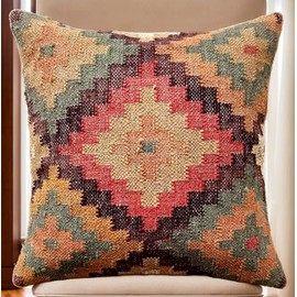 LKGSM RUGS Handwoven Kilim 18x18 inch Square Indian Outdoor Cushion Cover, Decorative Throw Pillow Case, Jute Pattern 48