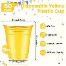 LIKAJON 50 Yellow Plastic Cups, 12 oz Disposable Cups, Drinking Graduation Cups for Birthday Party Wedding Bridal & Baby Shower Picnic BBQ