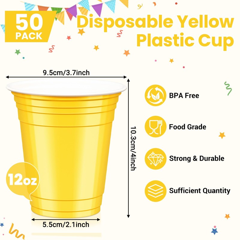LIKAJON 50 Yellow Plastic Cups, 12 oz Disposable Cups, Drinking