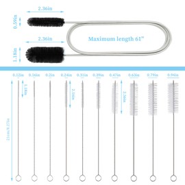 11 Pcs Flexible Pine Drain Brush & Straw Cleaner Brush Set, 61" Black Double Ended Elastic Tube Pipe Cleaner Brush, 8.2" Long Straw Cleaning Brush, Nylon Hose Brush Tool for Home Sink Plumbing (Black)