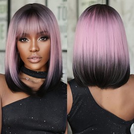 Allbell Black Pink Ombre Bob Wigs for Women Short Straight Wigs with Bangs Cosplay Party Natural Looking Hair Replacement