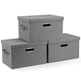 Graciadeco Medium 15" 21 Quart Collapsible Stackable Storage Bins with Lids, 3 Packs Grey Foldable Fabric Closet Boxes Heavy-duty Linen Cube Baskets Container for Bedroom Office (15 x 11 x 8)