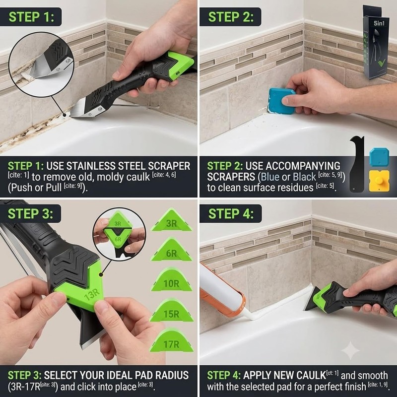 Silicone Caulking Tool 5 in 1,Caulk Remover Kit for Bathroom,