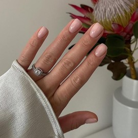 KQueenest Acrylic Press on Nails Short Square, Nude False Nails Short Coffin, Glossy Natural Solid Color Small Fake Nails Set, Reusable Gel Stick on Nail for Women Finger Daily Wear 24 Pcs