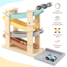 Wooden Toys Car Ramp Toy for 1 2 Year Old Boys Girls Gifts Toddler Toys Click Clack Track with 4 Mini Toy Car and Toy Garage