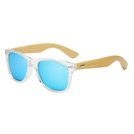 Long Keeper Polarized Bamboo Wood Arms Sunglasses Classic Women Men Driving Glasses (Transparent Blue)
