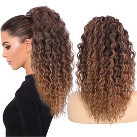 UAmy hair Long Afro Curly Ponytail Extension for Women 18Inch Mix Brown and Black Yaki Texture Curly Hair Ponytail Synthetic Fluffy Hairpiece for Daily Use(T1B/30)
