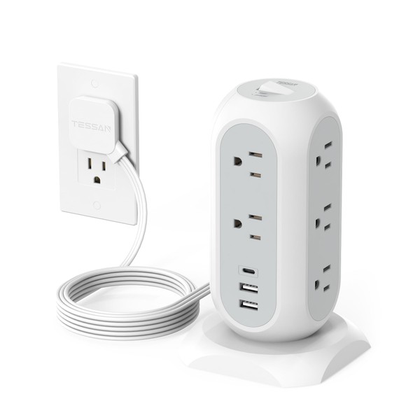 Tower Power Strip Flat Plug with 11 Outlets 3 USB (1 USB C), TESSAN Surge Protector Tower 1625W/13A,1050J Protection, 6 Feet Extension Cord with Multiple Outlets, Office Desk Supplies, Dorm Essentials