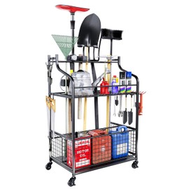 IDZO 2-Tier Garden Tool Organizer for Garage, 85 Lbs Capacity Garden Tool Rack with 2 Lockable Wheels, 5 Removable Hooks and Power Coated Steel Tube To Long Handle Tool Storage for Shed, Garage, Black