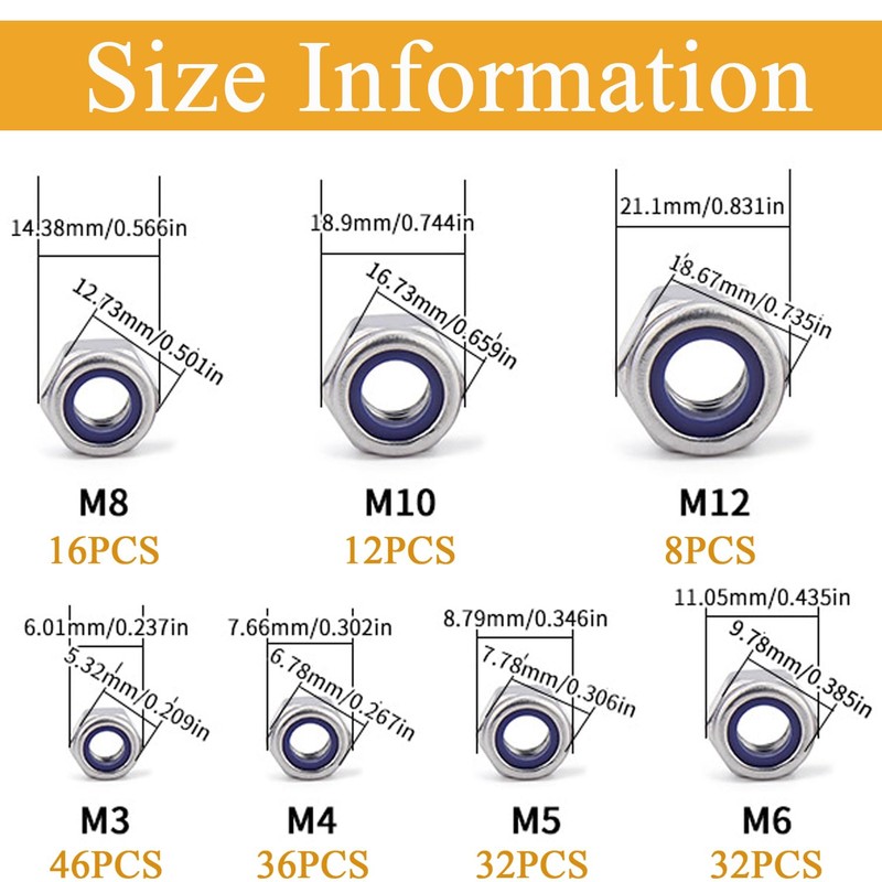 VOVCIG 182Pcs Stainless Steel Lock Nut Assortment Kit Hex Lock