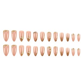 Hkanlre Almond Fake Nude Nails Tips Full Cover False Medium Nails Summer Flower Press on Nails for Women 24PCS