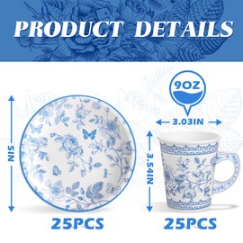 Rtteri 50 Pcs Floral Disposable Tableware Party Supplies, Blue/pink & White Flower Dessert Plates, 9oz Floral Paper Cups for Birthday, Wedding, Baby Shower, Spring Tea Party Decorations (Blue)