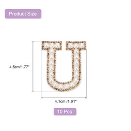 sourcing map 10Pcs Iron on Letters Patches, Letter U Rhinestone Pearl Alphabet Applique English Letter Sew on Patch for DIY Clothing Hat Bag, White Gold