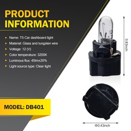 Downhill Car 12 V 1.2 W Dashboard Light Bulbs, Durable T5 Small Bulbs, Car Light Bulb Replacement Parts, Universal for Car and Motorcycle Dashboard Lights (White #DB401)