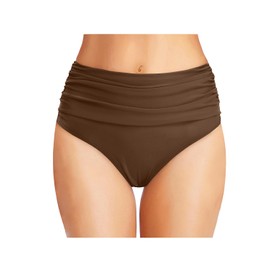 Tempt Me Women's Brown High Waisted Bikini Bottom Tummy Control Ruched Bathing Suit Swim Bottom L