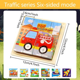 Wooden Cube Puzzle, 3D Picture Cube Puzzle Games, 6 in 1 Car Motifs Wooden Puzzle Montessori Toy, Puzzle Games for Children from 1 2 3 Years, Montessori Learning Toy Gift for Boys Girls