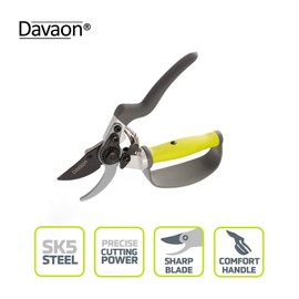 Ergonomic Garden Secateurs (Bypass Style) - Premium Pruning Shears with Auto-Rotating Handle and Finger Protection, Ideal Secateurs for Arthritic Hands, Premium SK5 Steel Garden Pruners, Davaon Pro