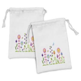 Ambesonne Cartoon Fabric Pouch Set of 2, Floral Fun Print with Colorful Flowers Illustration Whimsical Summer Ornament, Small Drawstring Bag for Toiletries Masks and Favors, 9" x 6", Multicolor