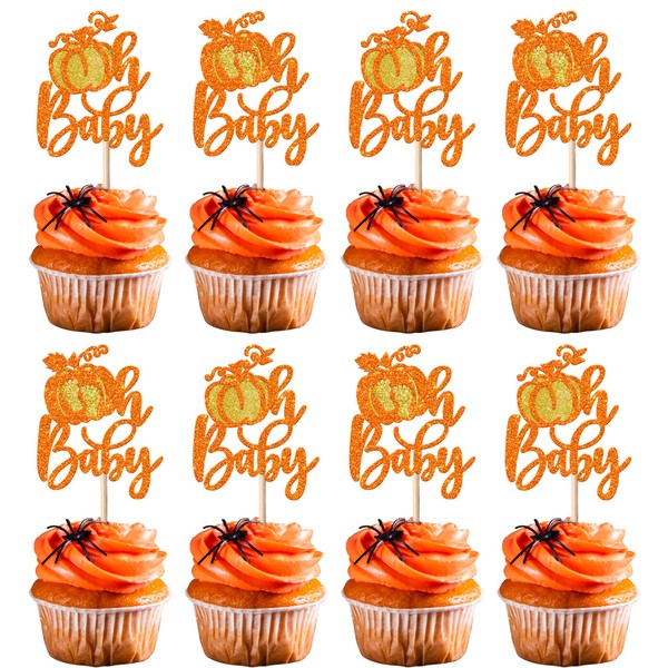 Paquete de 24 adornos para cupcakes de calabaza con purpurina, pies de bebé, temática de otoño, para cosecha de otoño, baby shower, decoración de pasteles, color naranja