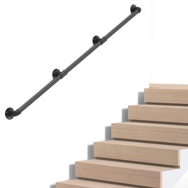 Industrial Pipe Stair Handrail, Wall-Mounted Metal Hand Rail for Indoor & Outdoor Steps, Black Galvanized Iron, Vintage Farmhouse Style, Heavy Duty Support for Stairs & Porch (Black, 7ft)